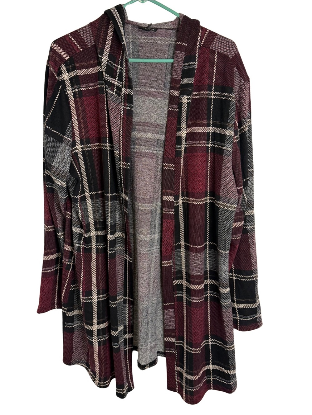 Enfocus Studio Burgundy & Black Plaid Hooded Open Front Cardigan Size 2X